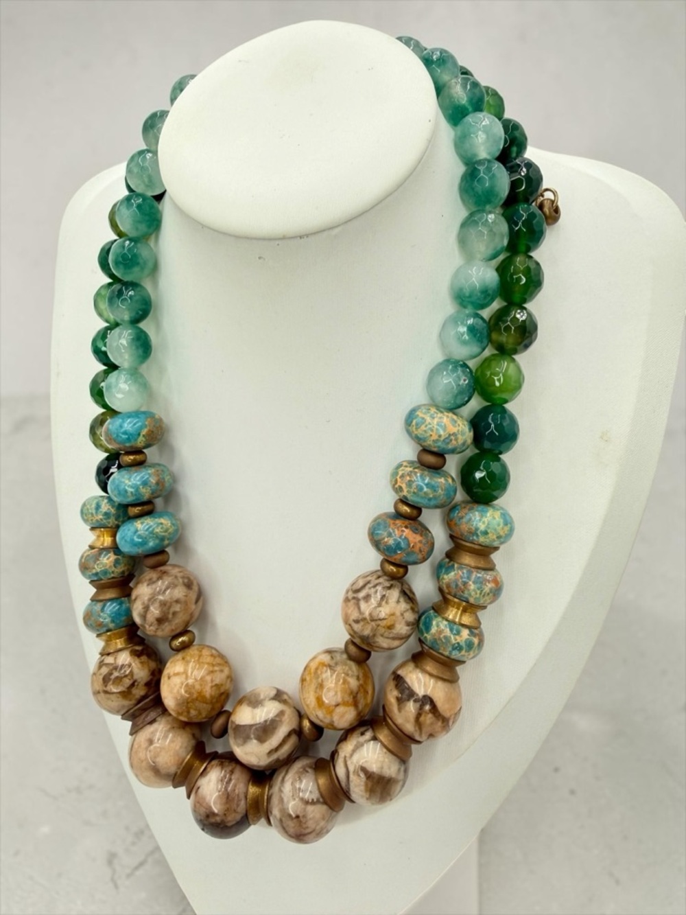 Chunky Jade Chalcedony Calcite 2 Strand Necklace Statement 234g 16”-18” Strands